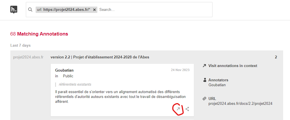Bouton de consultation contextuelle du commentaire