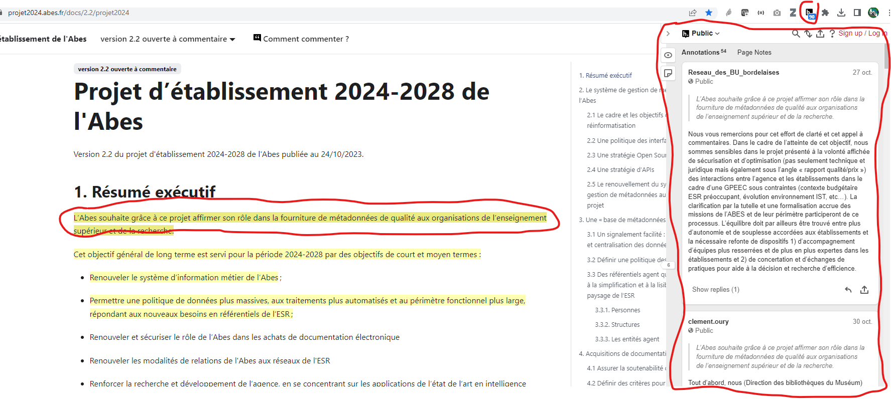Exemple de commentaires hypothes.is sur le projet